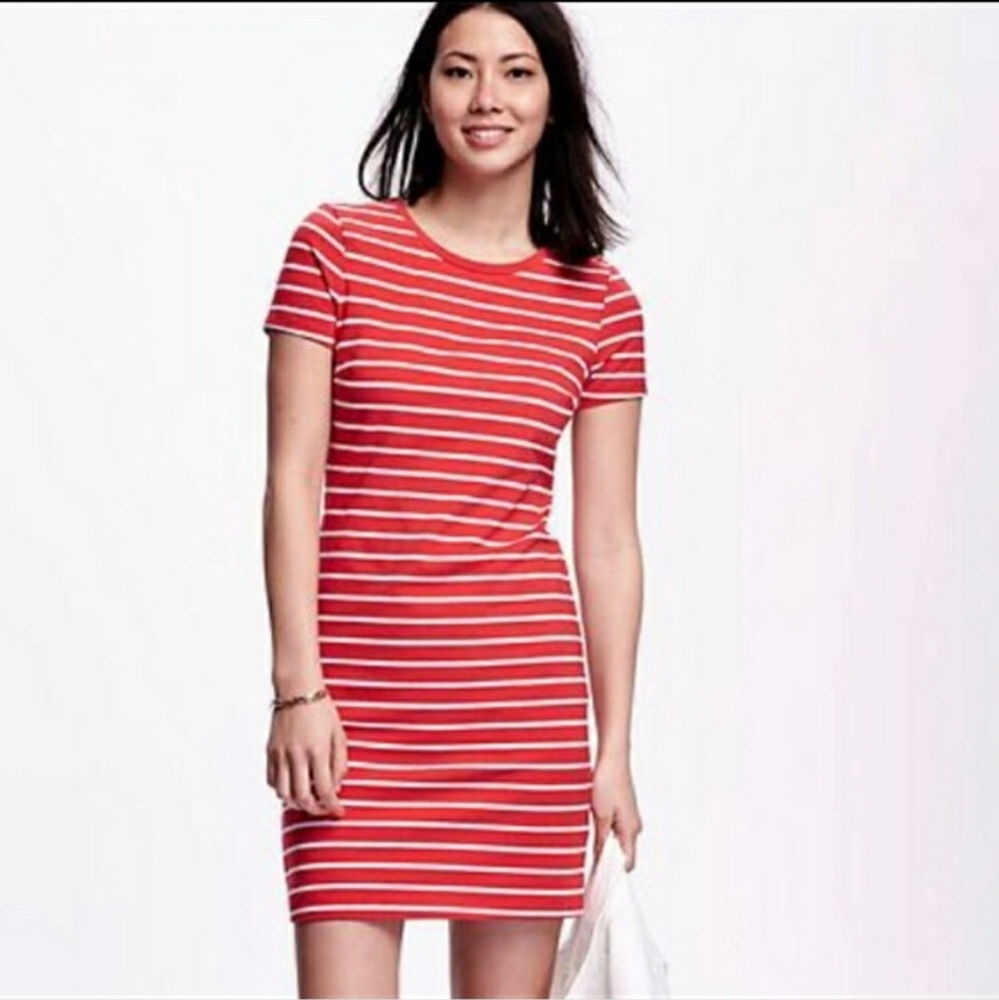 Old Navy Red striped short sleeve shirt dress.